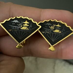 Vintage Damascene fan screw back earrings